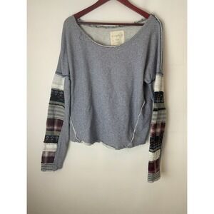 We The Free Patchwork Long Sleeve Sweatshirt M Medium Blue Stripe